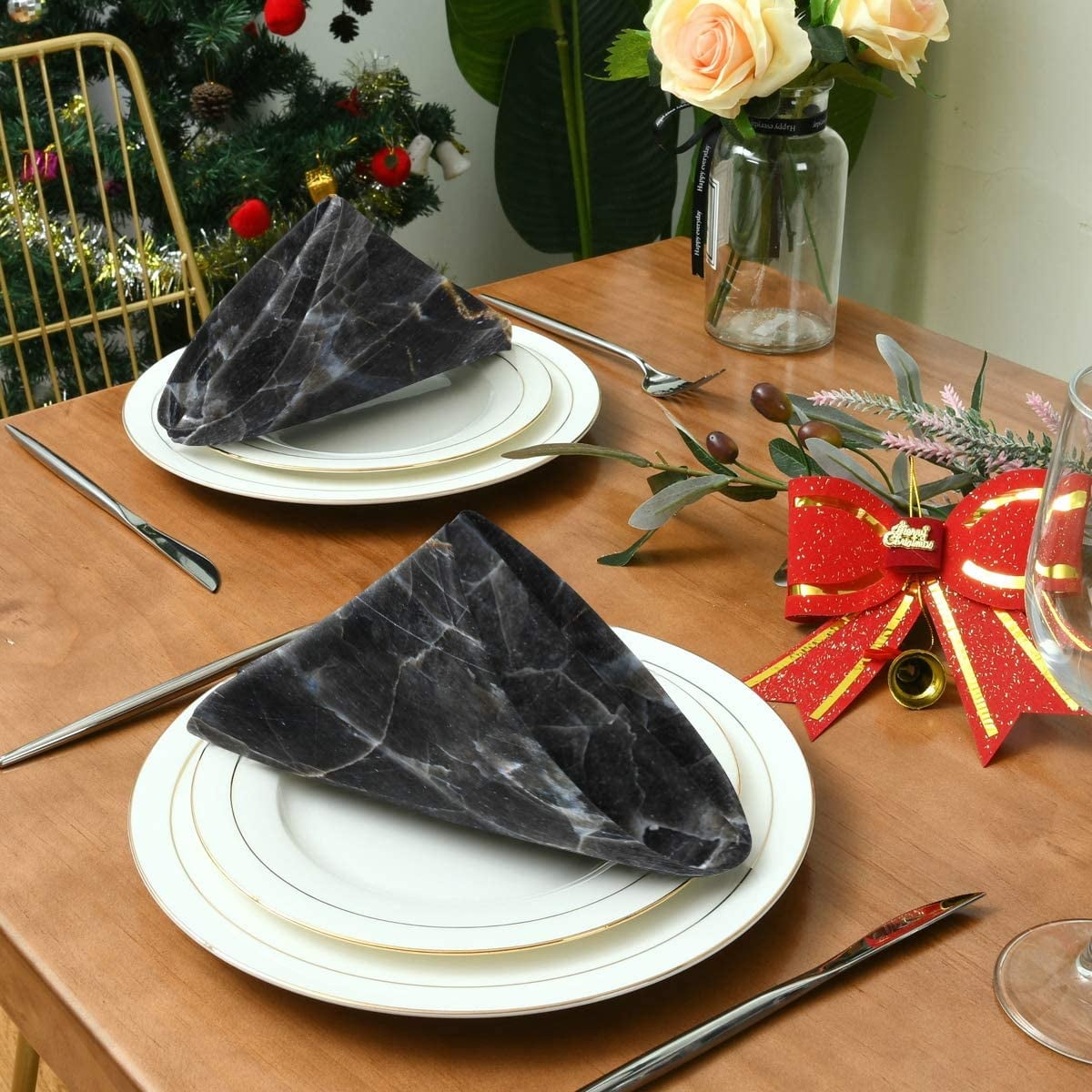 XIAGEANA Black Marble Cloth Napkins Dinner Table Napkins Set of 6 Solid Washable Reusable Polyester Napkins with Hemmed Edges for Home Holiday Party Wedding Decoration 20 x 20 inch 